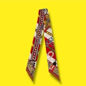 💕HERMES 100% Silk Twilly Ribbon Scarf “Brides et Gris-Gris” • Red, White, Bronze